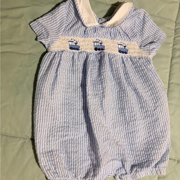 crown & ivy Other - Blue Crown & Ivy baby Baby Boy Bubble Romper Smocked Train Embroidery
